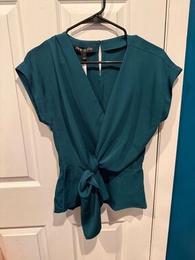 Teal Tie-Front V-Neck Blouse